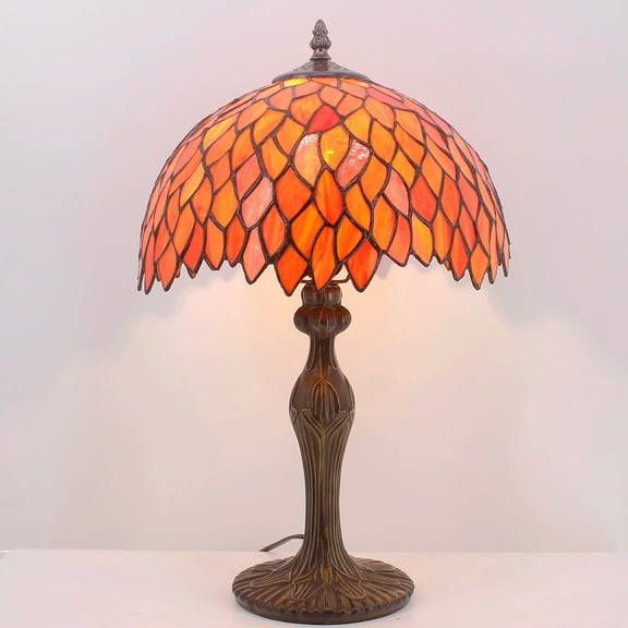 Tiffany Lamp Table Stained Glass Bedside Lamp Red Wisteria Memory Vintage Traditional Style Desk Reading Light 18" Tall Living Room Bedroom Library Banker Antique Bohemian LED Bulb Included