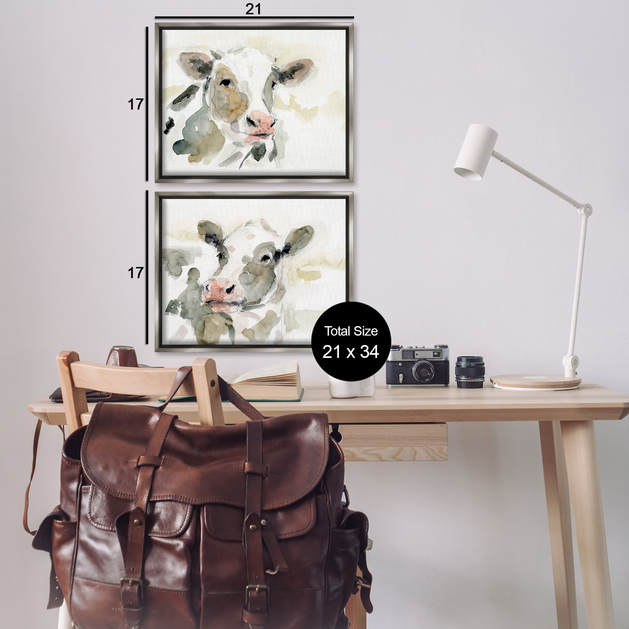 Stupell Industries Watercolor Holstein Farm Cows Animals Painting Gray Floater Framed Canvas Art Print Wall Art, 21 x 17, Set of 2