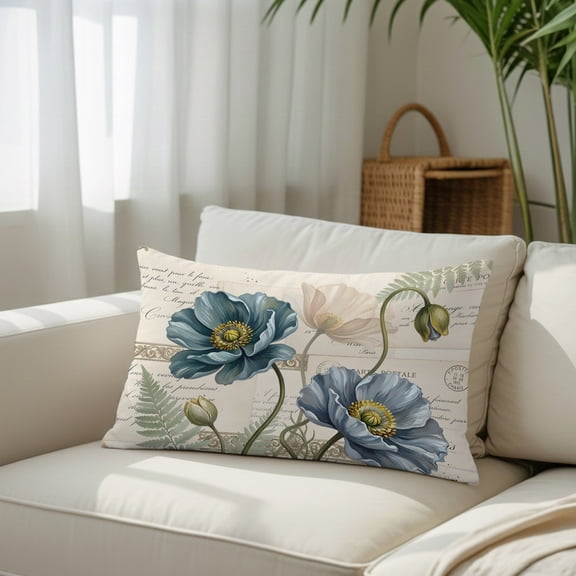 Spring Summer Blue Poppy Flowers Throw Pillow Covers, Decorative Pillow Covers With Hidden Zipper Soft Brushed Microfiber Fabric, Vintage Botanical Pillowcases for Couch Bed 12x20in