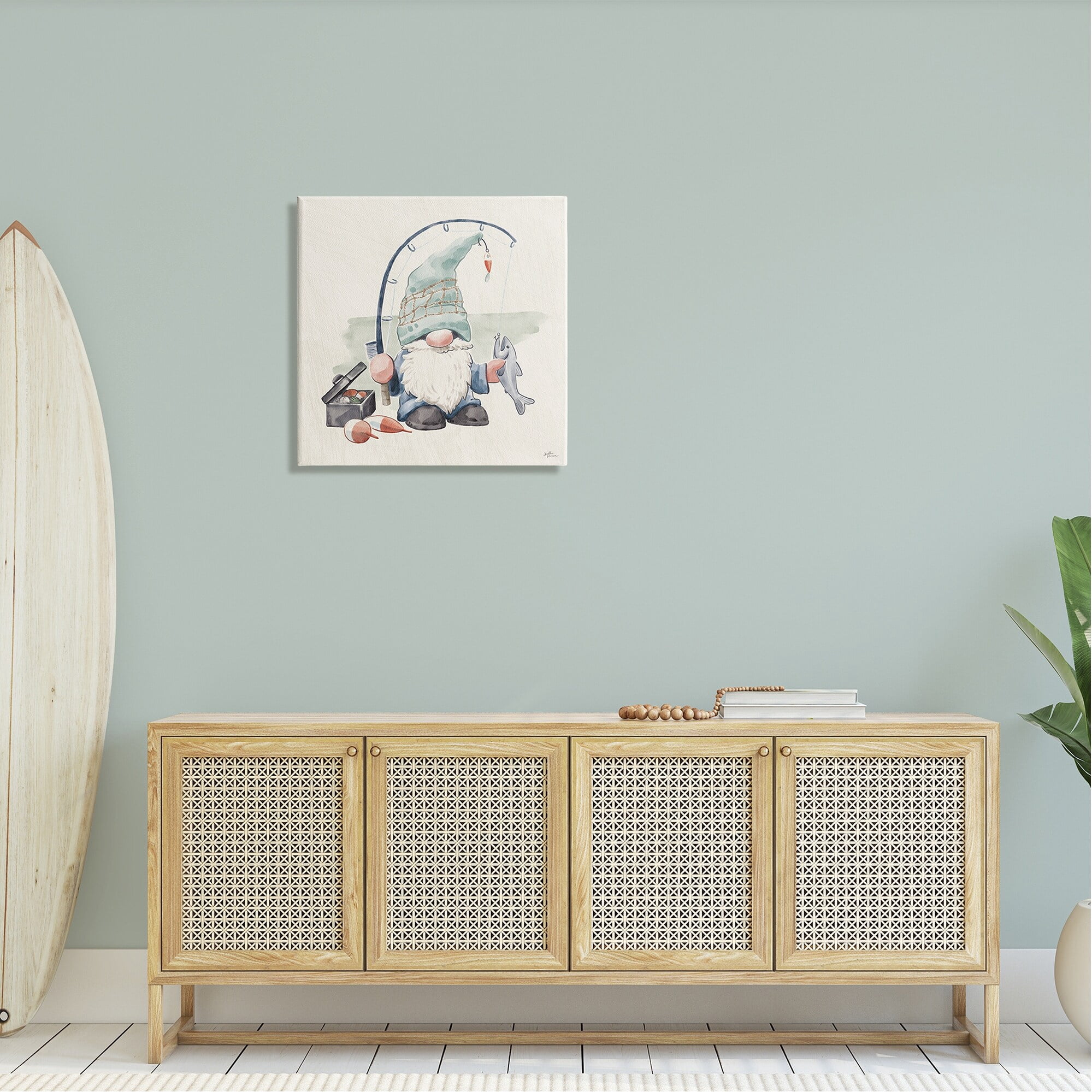 Stupell Industries Gnome Fishing Pole Summer Watercolor Beach Theme Gallery-Wrapped Canvas Print Wall Art, 24x24, by Janelle Penner