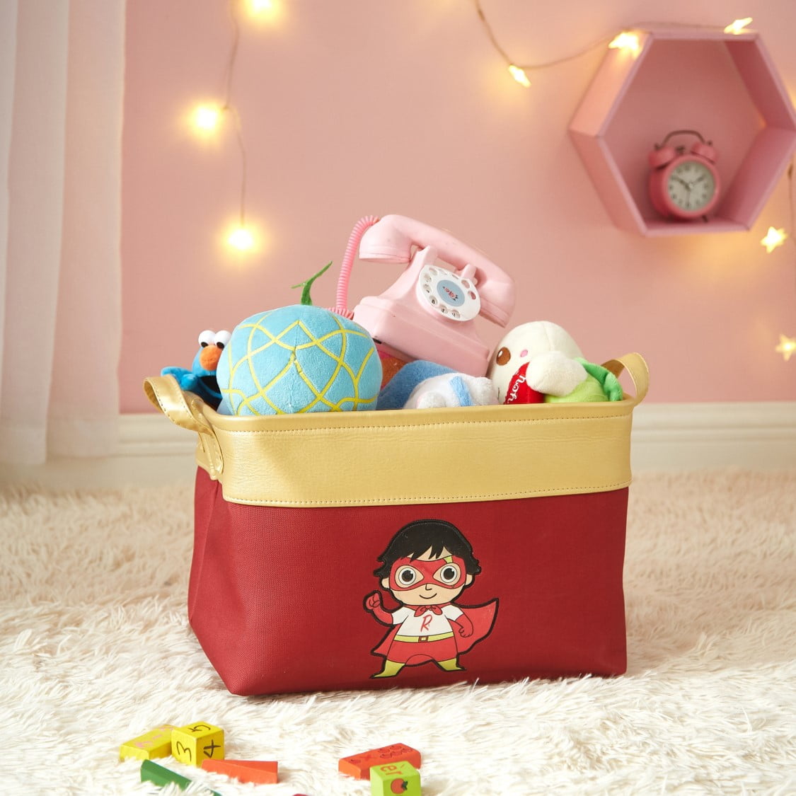 Ryan's World Rectangular Kids Storage Bin for Kids Room, Red Polyester