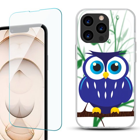 Slim-Fit Anti-Scratch Gel TPU Phone Case for iPhone 13 Pro, with Tempered Glass Screen Protector, by OneToughShield ® - Blue Owl