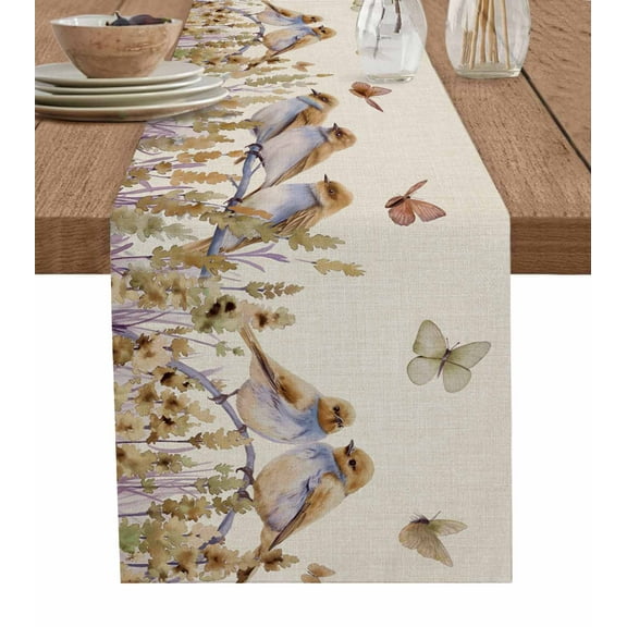 Table Runner Dresser Scarves 60 Inch Long,Watercolor Garden Bird Butterfly Floral Linen Dining Table Runners Farmhouse Flower on Linen Tabletop Scarf for Wedding Holiday Party Kitchen