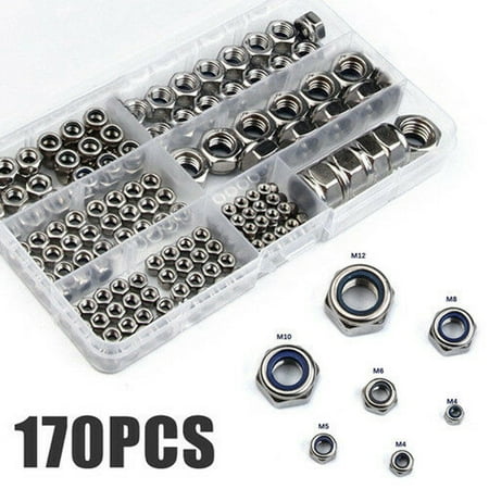

Mosiee 170Pcs/set Stainless Steel Lock Nuts M3 M4 M5 M6 M8 M10 M12 Nylon Insert Kit