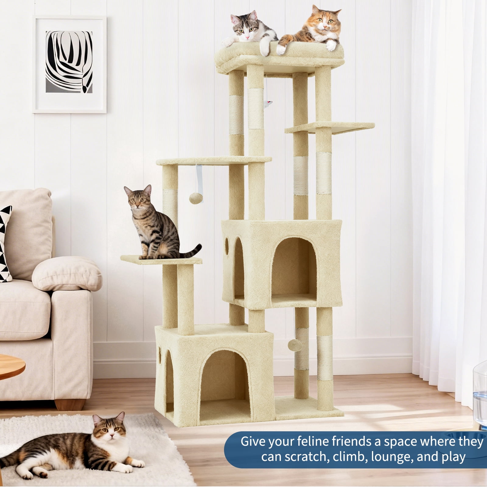 Babevy 61" Maine Coon Cat Tree, Heavy-Duty Tower with Extra-Large Perch, 2 Condos & 7 Sisal Scratching Posts for Large Indoor Cats