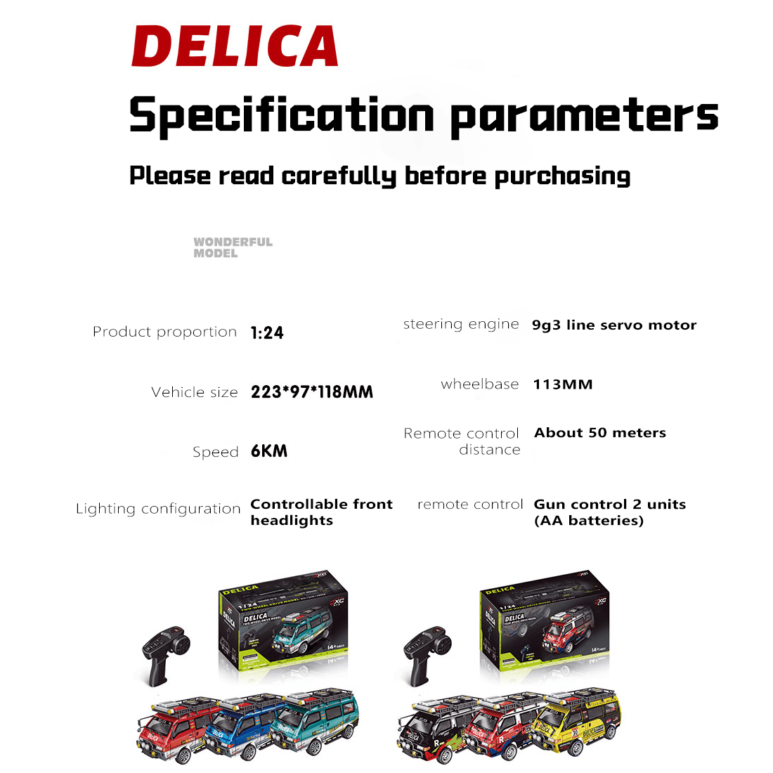 1/24 Scale RC Van, 2.4GHz 2WD Full-Scale Rear-Wheel Drive Delica RC Drift Car with 6km/h High Speed, Front Lights, USB Rechargeable Remote Control Crawler for Adults