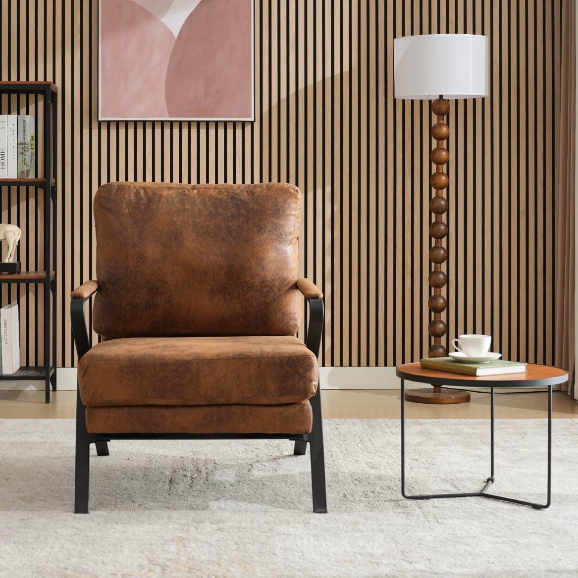 Mid Century Modern Accent Chair, Upholstered Lounge Arm Chair with Thick Cushion and Iron Frame, Comfy Reading Chair for Living Room, Bedroom, Balcony, Antique Brown