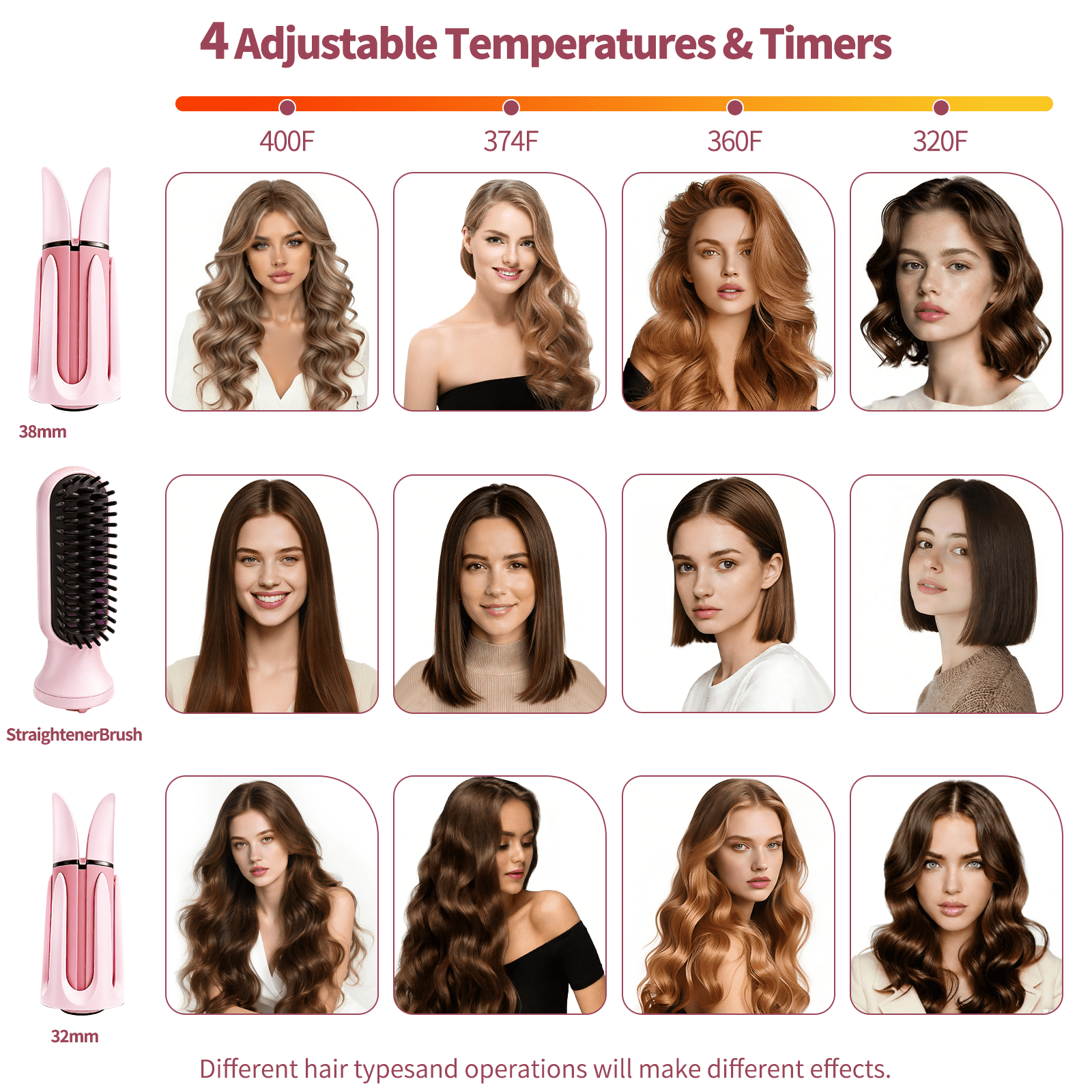 3-in-1 Auto Rotating Curling Iron with 32mm & 38mm Barrels, Waver & Straightener Brush, Anti-Scald Hair Styler Pink