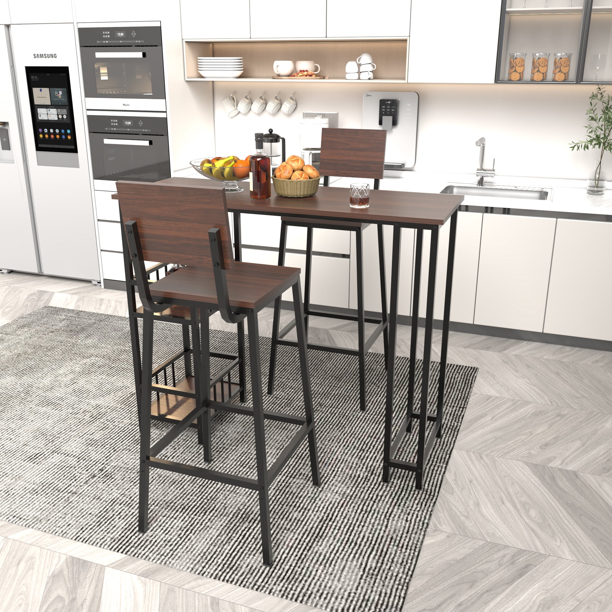 HOQBN 3 Piece Counter Height Bar Table Set,Rectangular Pub High Table with 2 Backrest Bar Stools and 3-Tier Side Storage Shelves,Industrial Wood Grain Bar Furniture for Balcony Kitchen Small Home Bar
