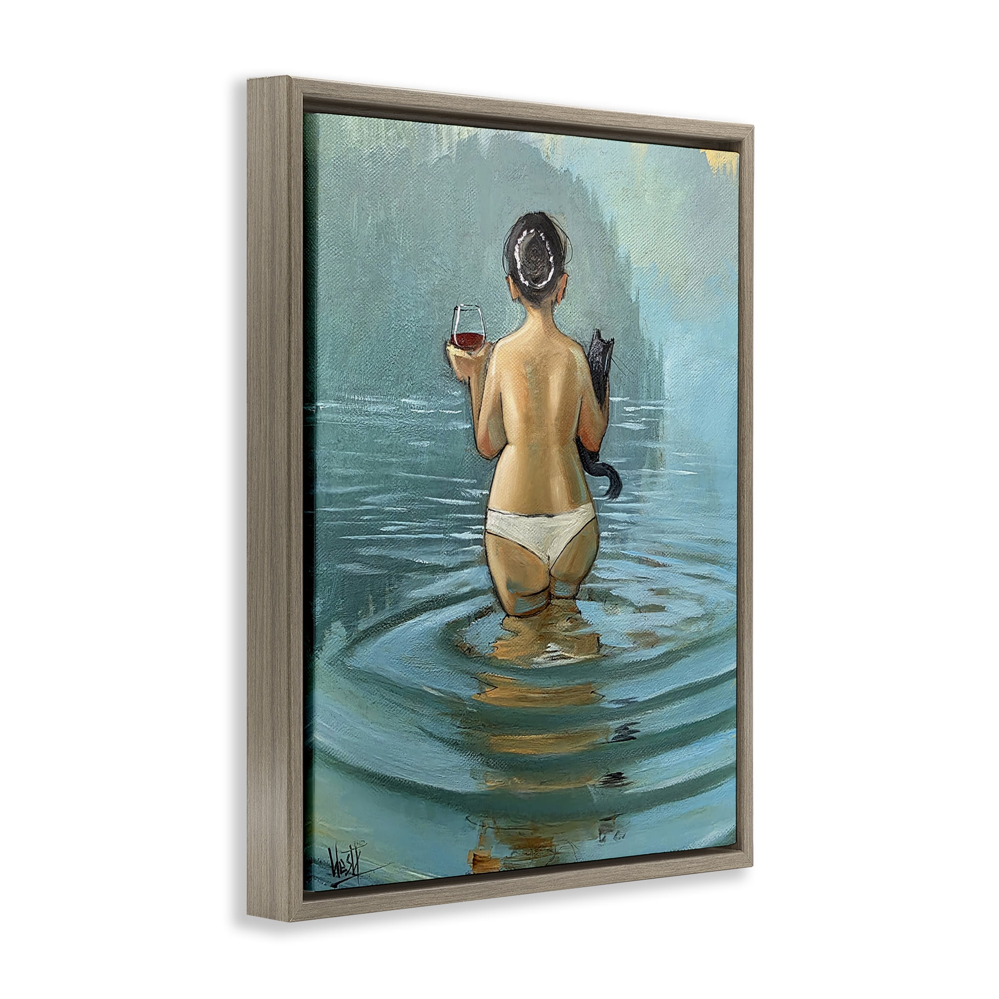 Stupell Industries Cat & Wine Dip At Twilight Brown Framed Floater Canvas Wall Art, design by Ronald West
