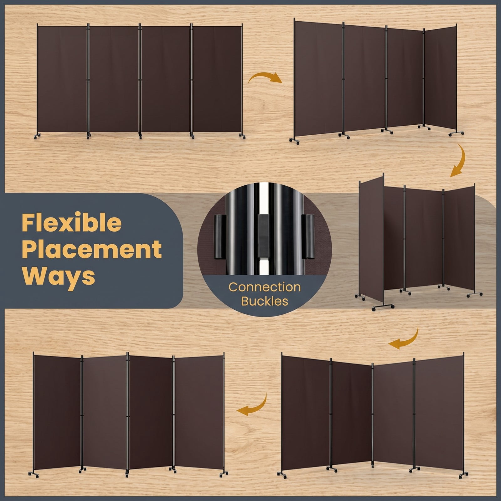 ALPULON 4 Panel Folding Privacy Screen Room Divider with Universal Wheels, Portable Freestanding Polyester Fabric Partition Panel for Bedroom Living Room Office, Brown
