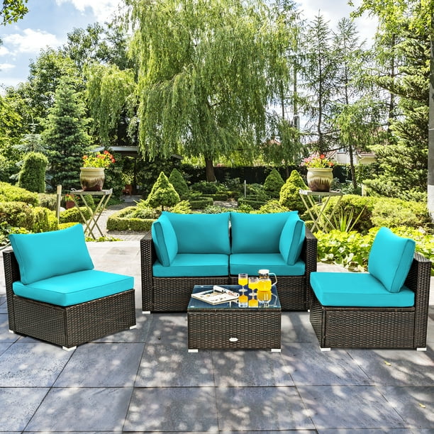 Topbuy 5PCS Rattan Patio Furniture Set Cushioned Sofa Chair Coffee