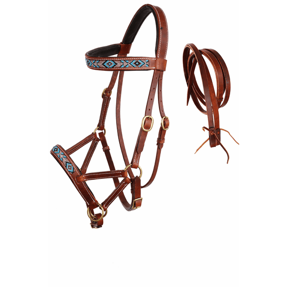 Horse Western Leather Beaded Bitless Sidepull Bridle Reins 77RS20TN-F