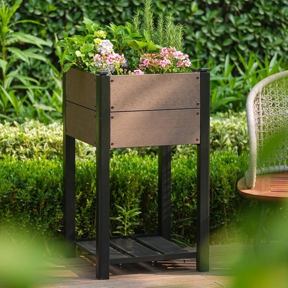 EastVita 19L x 33H Elevated Garden Bed with Storage Shelf HDPE Wood Grain Planter Box Sturdy Aluminum Frame for Vegetables Herbs All Weather Outdoor Patio Use