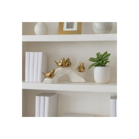 Elegant Bird Sculpture Decor - Stoneware Porcelain Figurine - Boho Glam Ornament for Home, Office, Living Room - 6" White & Gold