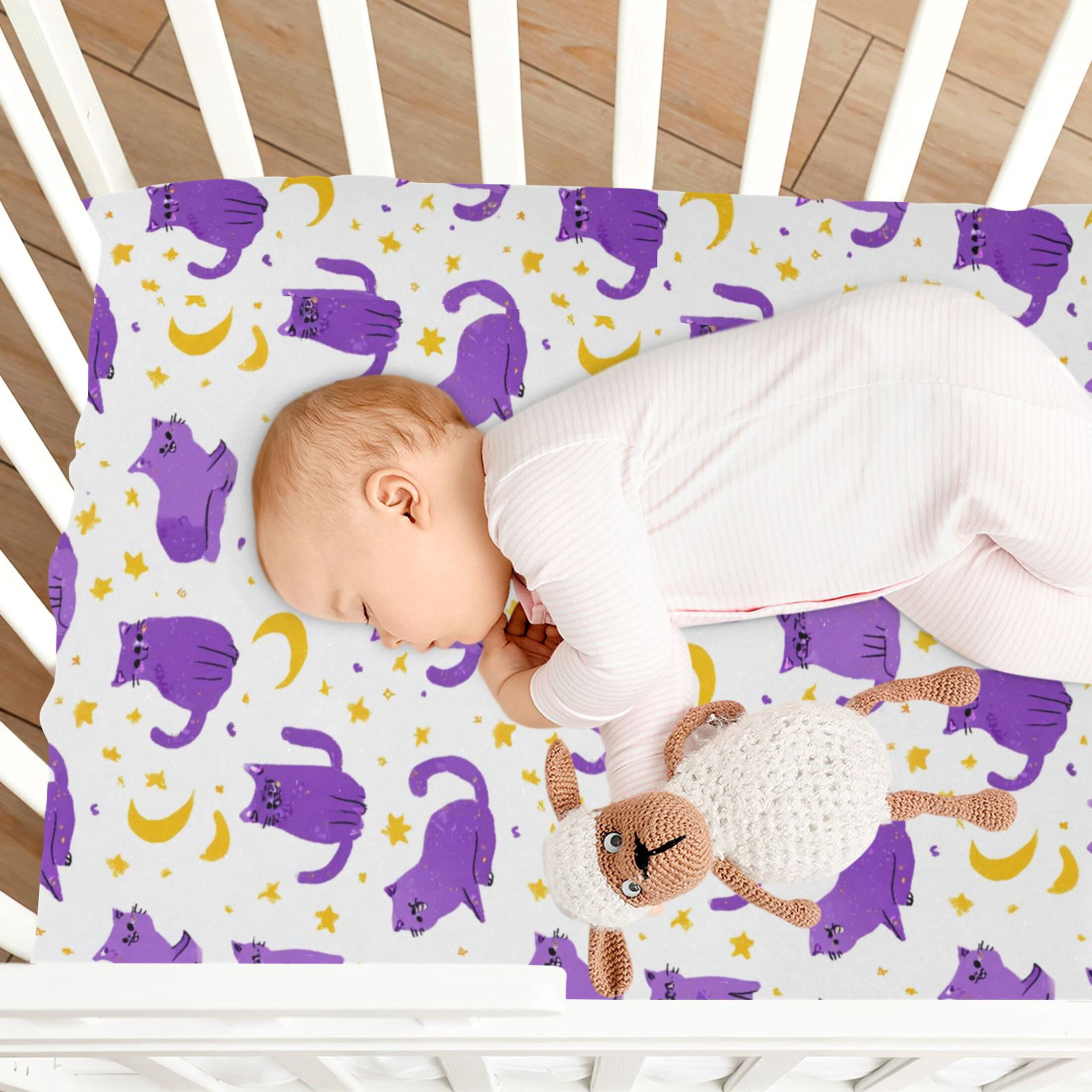 Baby Essentials 52”x 28”- Standard Cotton-like Modal Elastic- Purple Cat Pattern Design Crib Sheets for Newborns and Toddlers