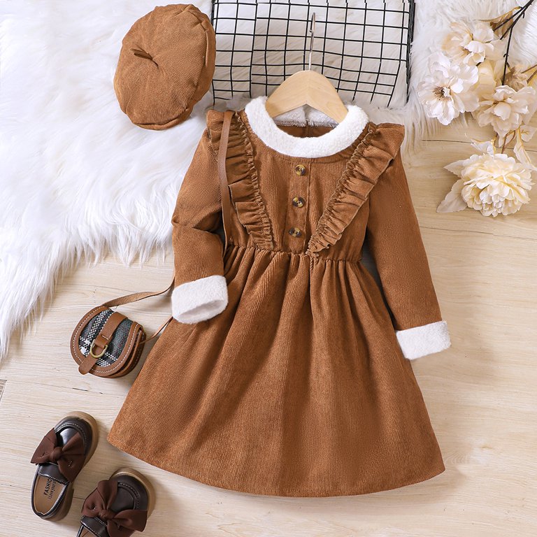 MXIEZI Kids Girls Corduroy Dress Set with Hat for 1-7T Toddler Casual  Ruffled Dress Button Long Sleeve Swing Princesses Dresses - Walmart.com