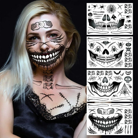 Nrmvnmi Halloween skeleton Mouth Tattoo,Devil face tattoo,halloween spider web face stickers,halloween make up adults,face tattoos for men and women,horror make up,scary face tattoos