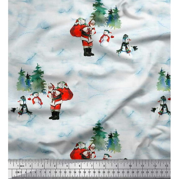 Soimoi Cotton Duck Fabric Snowman,Santa & Tree Christmas Printed Fabric 1 Yard 42 Inch Wide