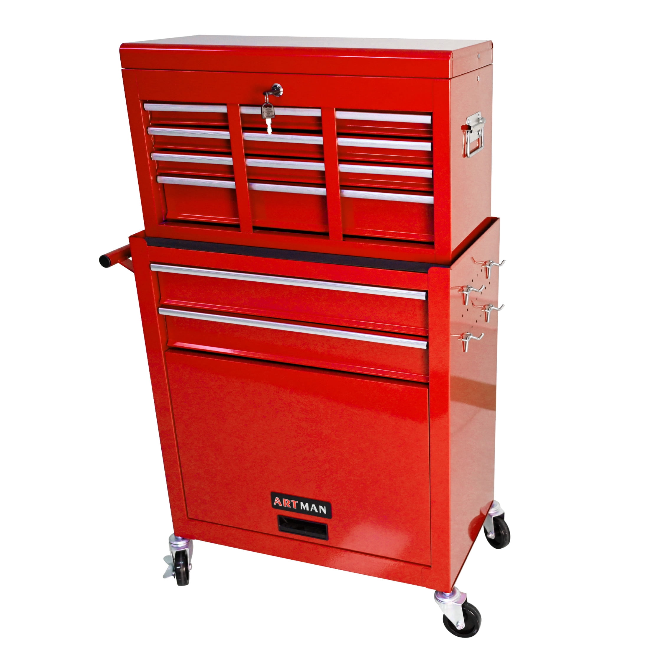 Noble House Heavy-Duty Rolling Tool Chest, 8-Drawer Steel Storage Box Organizer with Detachable Box, Red