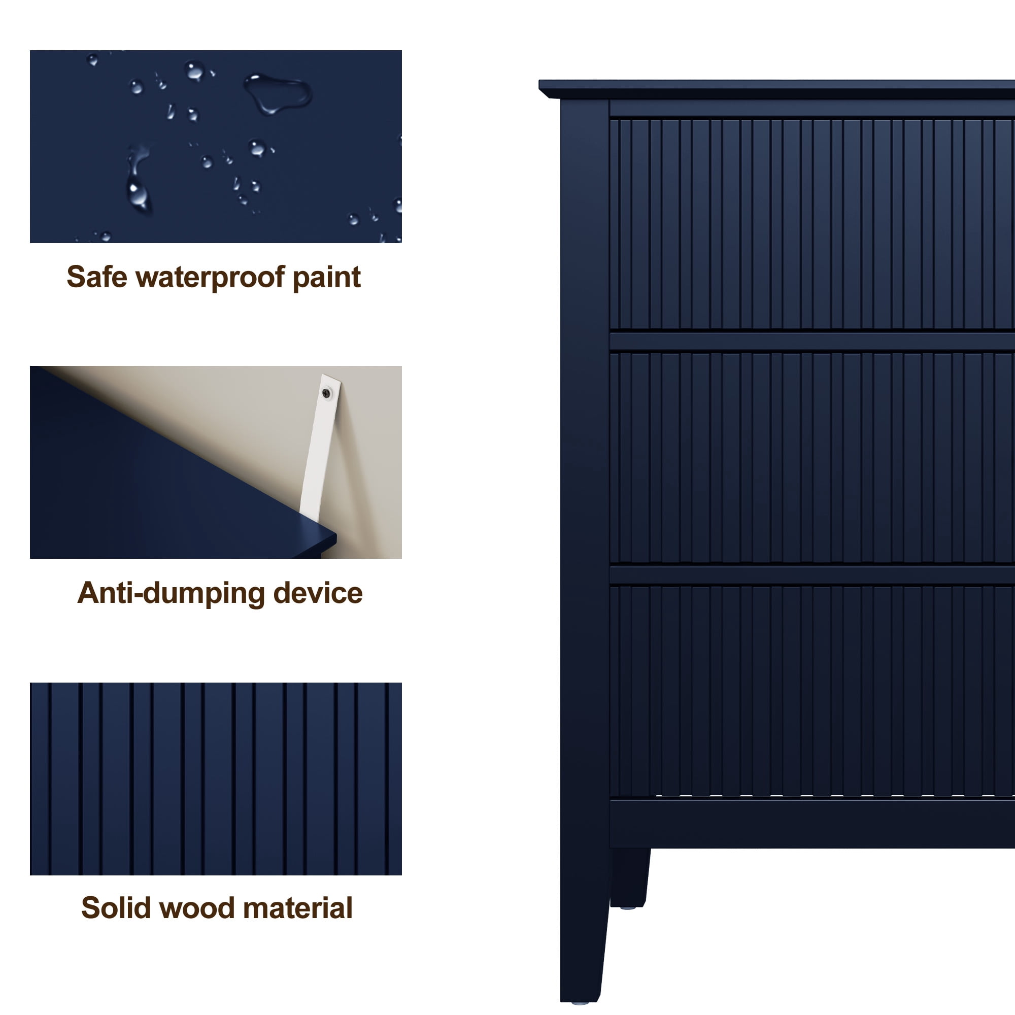 Cozy Home Blue 3 Drawer Dresser Set of 2, Painted Tall Wood Nightstand with Storage, for Bedroom Hallway Living Room Entryway Office