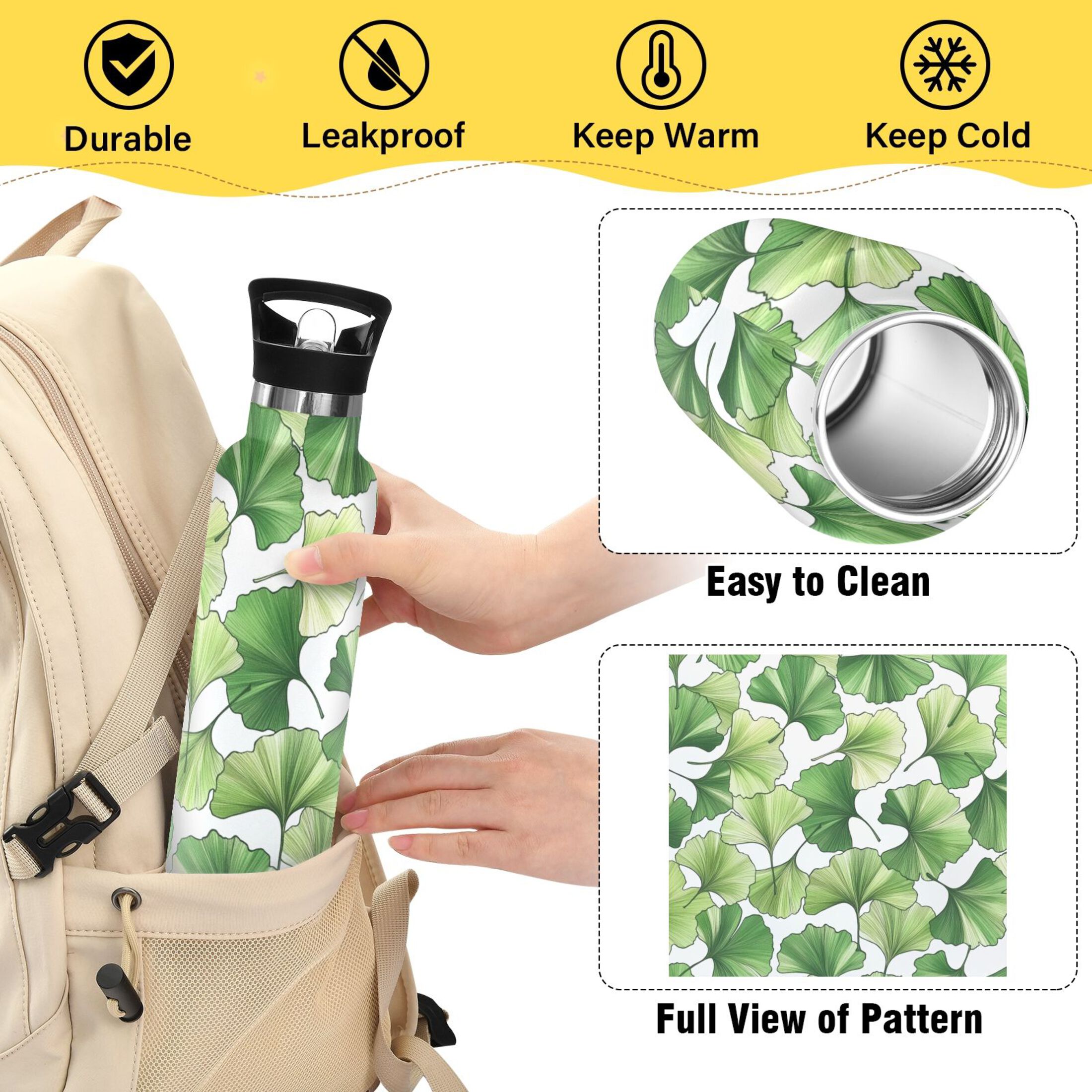 Kids Insulated Stainless Steel Sports Water Bottle 600ml (20oz) Green Ginkgo Biloba