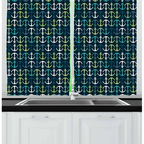 Ambesonne Anchor Kitchen Curtains, Maritime Sailing Travel, 55"x39", Dark Blue Green White