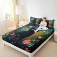 thumbnail image 3 of Manfei Cartoon Cat King Sheets, Boho Flower Botanical Bedding, Navy Green, 4pcs, 1 Flat Sheet, 1 Fitted Sheet and 2 Pillowcases, 3 of 6