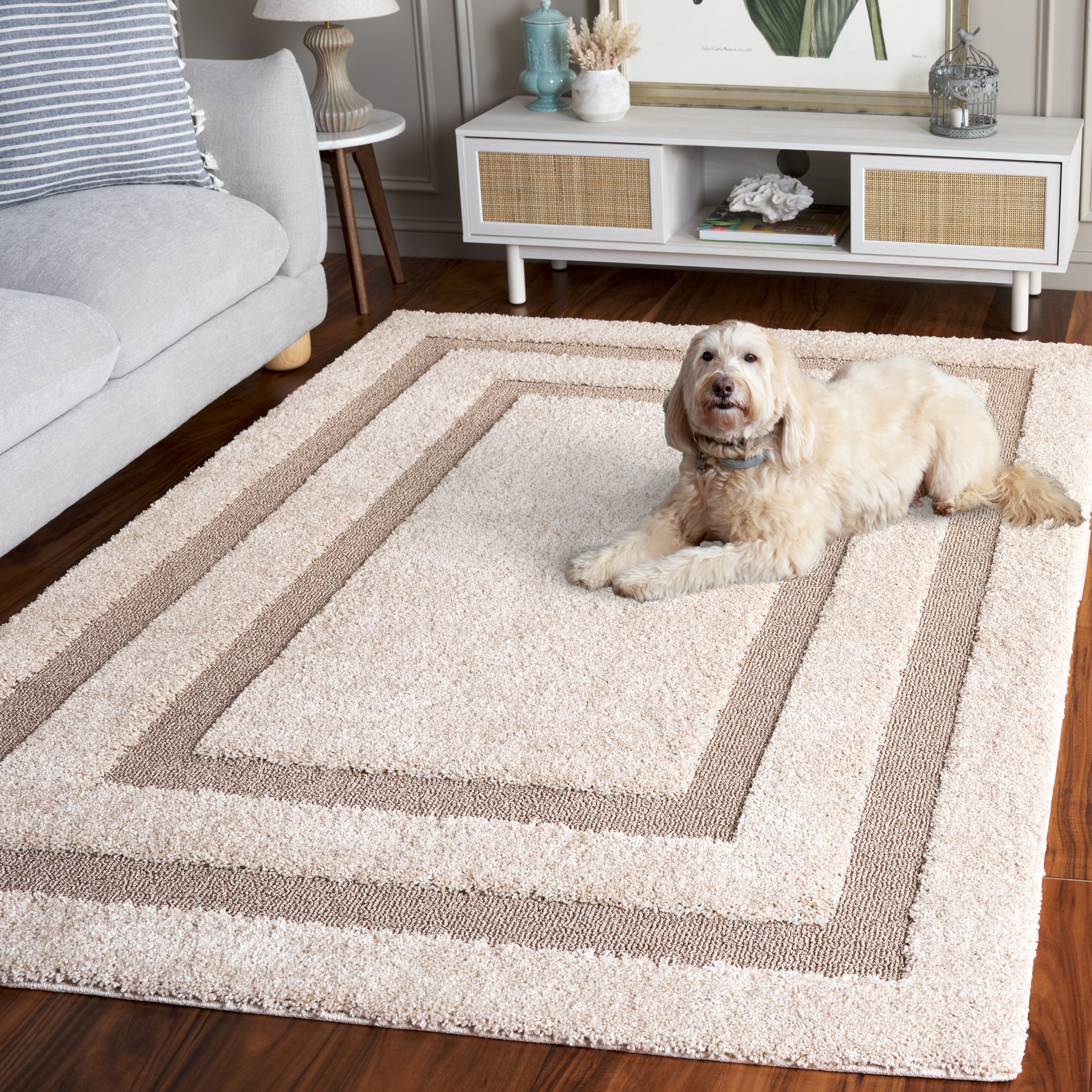 SAFAVIEH Florida Mason Bordered Shag Area Rug, Beige/Dark Beige, 8' x 10'