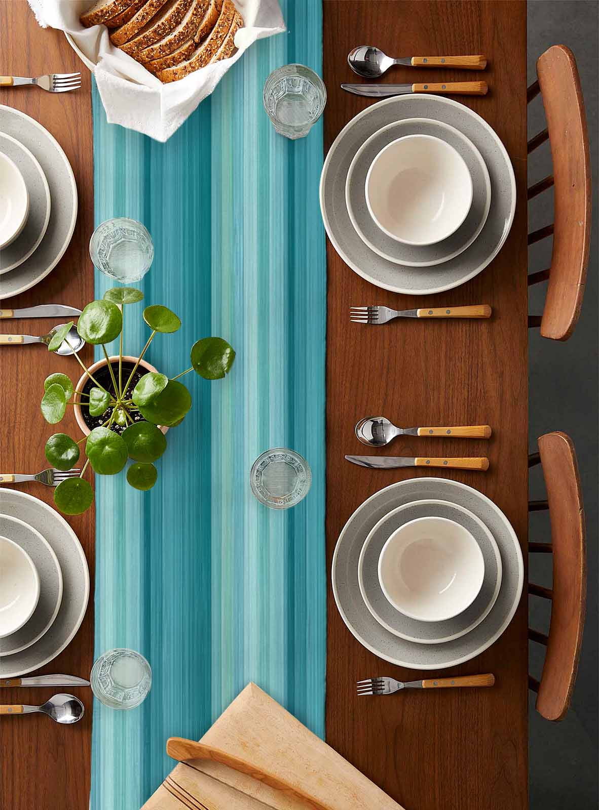 Hokiten Table Runners 90 Inches Long Dress Scarves, Teal Turquoise Aqua Ombre Farmhouse Coffee/Dining/Kitchen Table Runner for Living Room, Contemporary Abstract Lines 13x90 Inch
