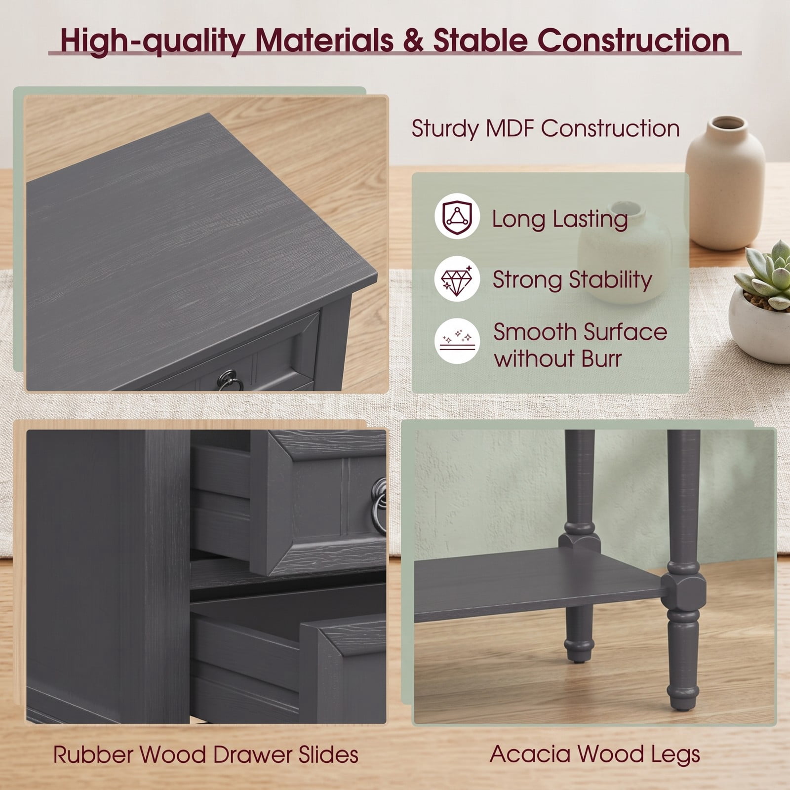 Furnibear Narrow Console Table with 3 Storage Drawers and Open Bottom Shelf and Turned Legs for Entryway and Hallway, Dark Gray