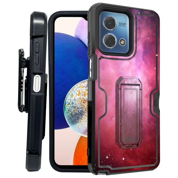ANJ  Rugged Shockproof Kickstand Hybrid Case with Card Slot and Holster   Tempered Glass Cover for Motorola Moto G Stylus 5G (2023) - Pink Stary Sky