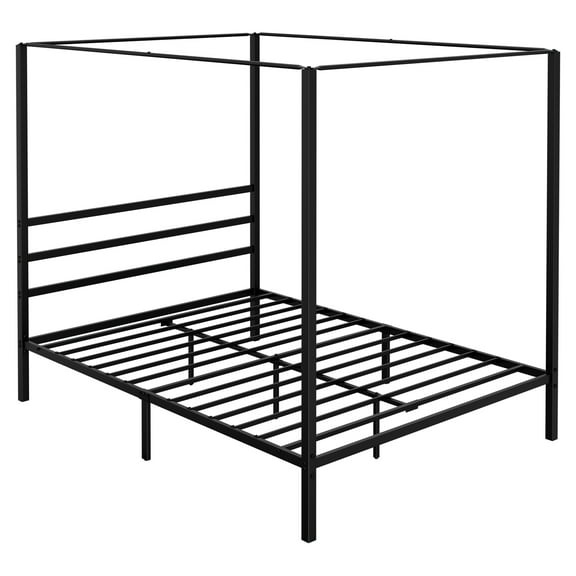 YEXJ Queen Size Metal Canopy Bed Frame Black Headboard & Footboard for Bedroom Black