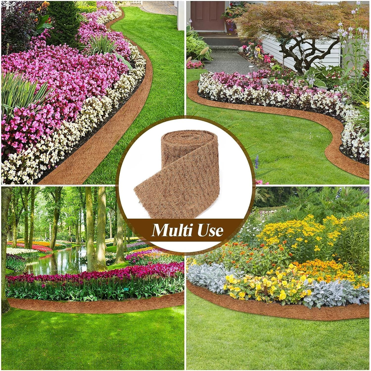 Natural Coconut Mulch Roll for Landscaping 118" L x 7.8“ W Garden Edging Border Mat with 50 Pcs U-Shaped Steel Stakes, Natural Looking Permanent Garden Mulch Barrier for Plants Vegetables & Flowers
