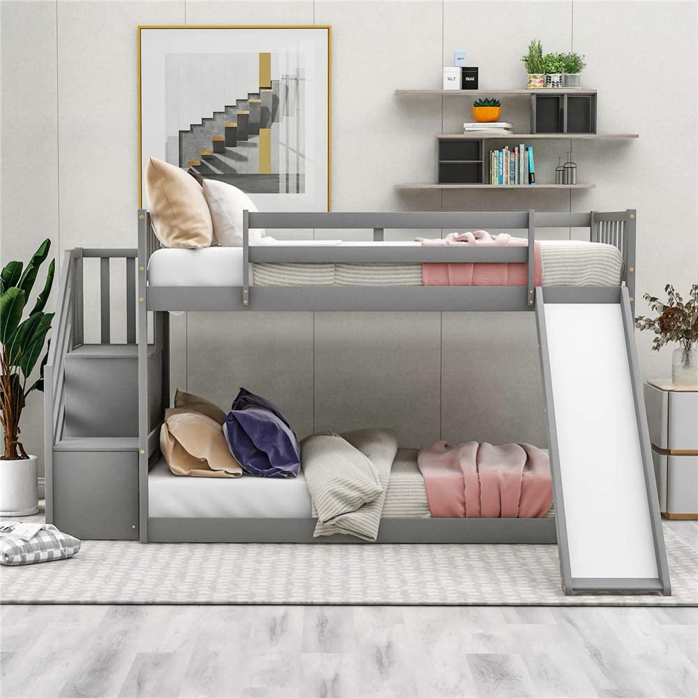 Low Height Bunk Beds Uk Low Bunk Bed, Solid Wood Twin Over Twin Bunk Bed Frame with Storage