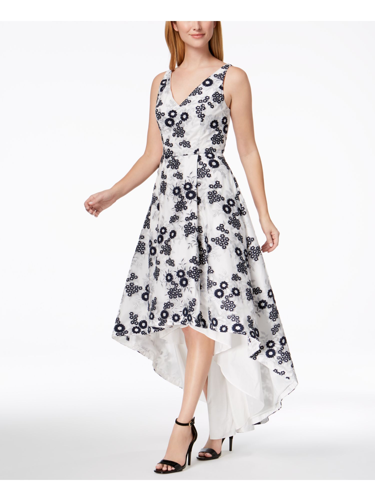 White Metallic Embroidered Hi-Lo Dress 