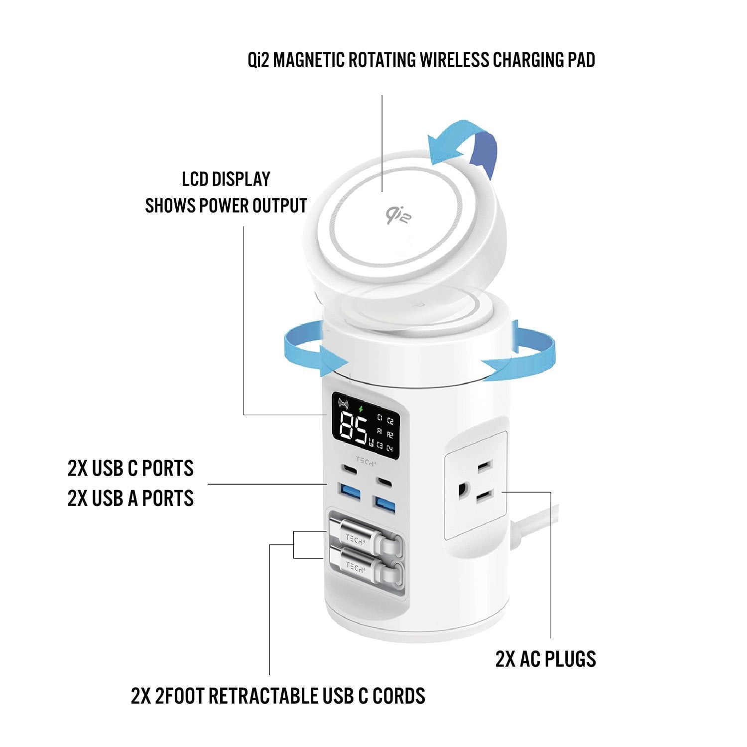 Tech Squared Power Tower with Qi2 Wireless Charging and Retractable Cords
