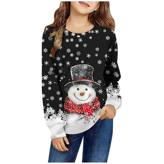 Byoo Toddler Girls Christmas Sweatshirt Snowman Print Round Neck Long Sleeved Casual Soft Pullover Top for Children Xmas Shirt