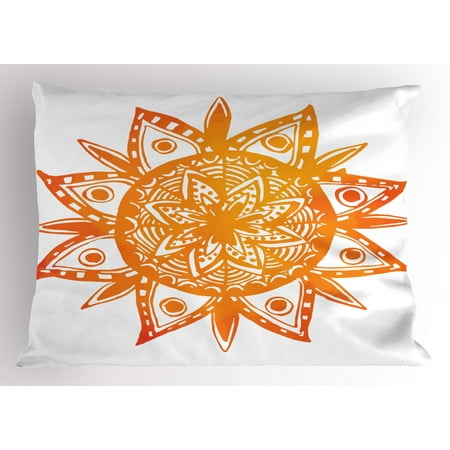 Orange Pillow Sham Watercolor Style Hand Drawn Sun Figure Tribal