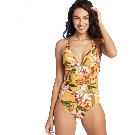 Kona Sol Women's Tortoise Ring High Coverage One Piece Swimsuit - (Floral, Small)