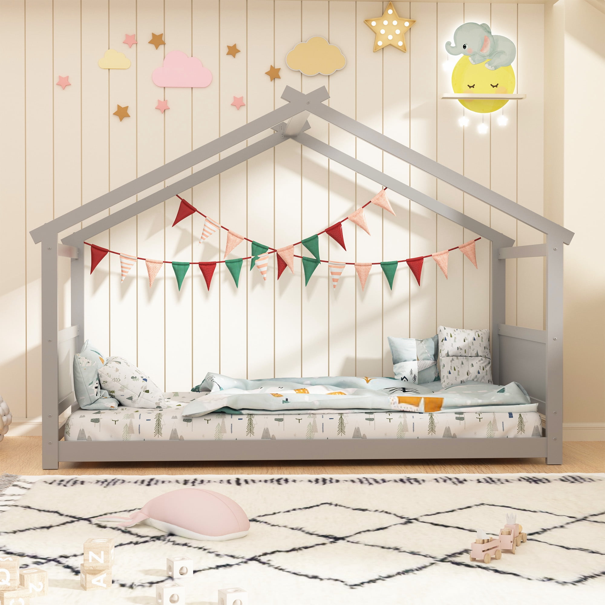 Joywind Twin Solid Wood House Floor Bed Frame with Safety Guardrails, Kids Bed for Boys Girls