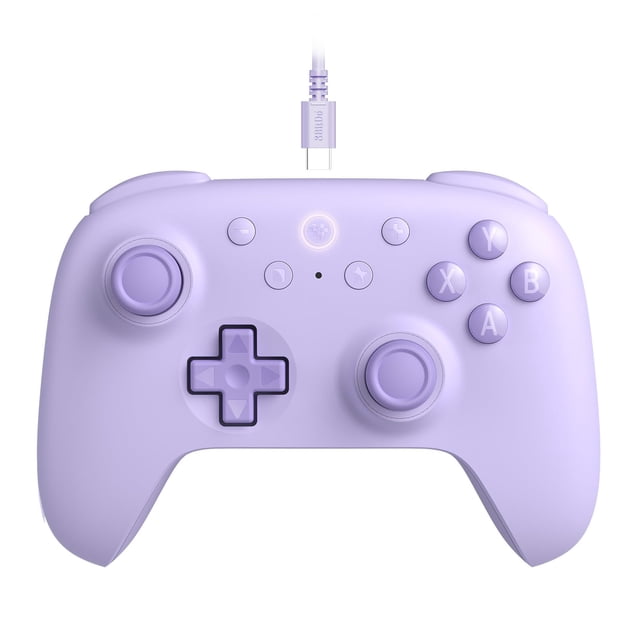 controlador 8bitdo ultimate 2c con cable para windows pc/android Morado, vista frontal centrada con cable desmontable arriba; mando ergonómico con dos joysticks asimétricos, d-pad en cruz, botones A B X Y y LED central iluminado; acabado mate liso, parachoques R4/L4 extra visibles y gatillos Hall. Adecuado para uso en PC gamer y Android; mapeo de botones personalizado sin software.