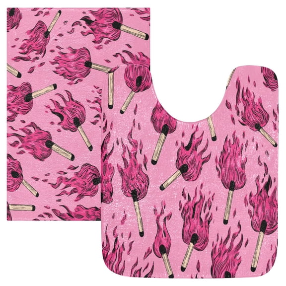 2 Piece Soft Bathroom Rug Set Pink Flames Pattern Bath Mat and U-Shaped Toilet Contour Rug (16"x24" 20"x24")