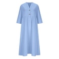 thumbnail image 5 of Flowy Dresses for Women Linen Cotton 3/4 Length Sleeve Maxi Dress Split V Neck Button Up A-Line Dresses Dressy Casual Lounge Dress Light Blue Dress,Size S-3XL, 5 of 6