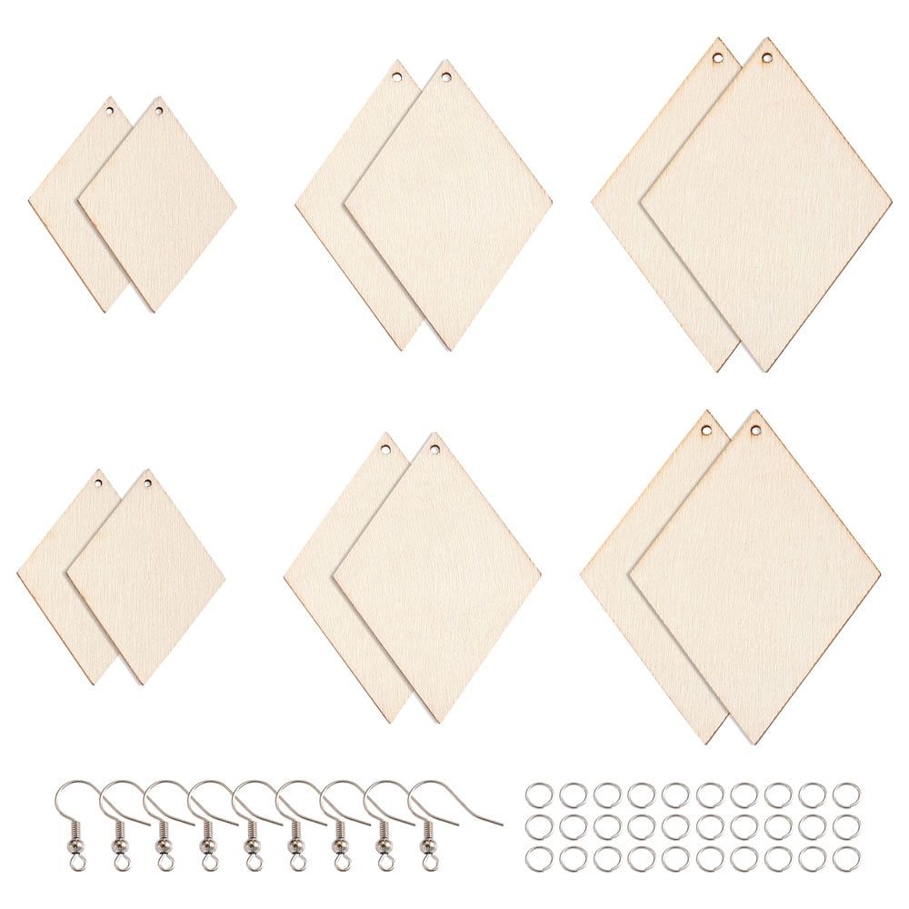 DIY Rhombus Shape Wood Pendants Earring Making Kits Include Platinum Plated Brass Earring Hooks and Jump Rings White
