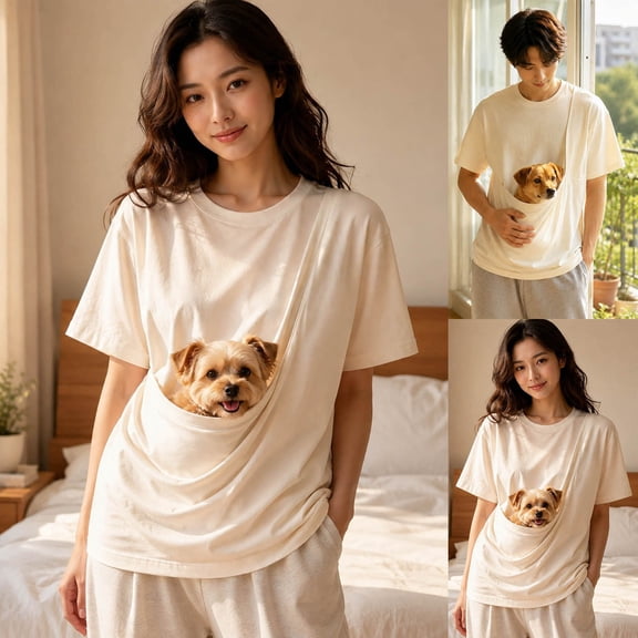 Kcolen Women Men's Pet Pouch T Shirts Short Sleeve Pouch Kitten Puppy Carrier Tops Crew Neck Pet Kangaroo Pocket Summer Animal Holder Top