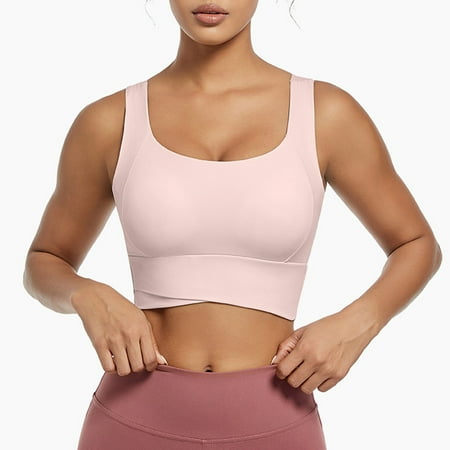 TrendVibe365 Long Line Sports Bra Women Wireless Push up Seamless Bralettes Padded High Neck Wide Strap Supportive Longline Bustier Full Coverage Crop Tank Top Comfortable Lingerie Pink S