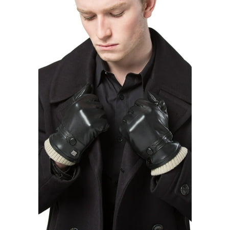 Gallery Seven Mens Faux Leather Warm Winter Gloves - Touch Screen Texting Glove - Gift Wrapt - Black Style 1 - Small