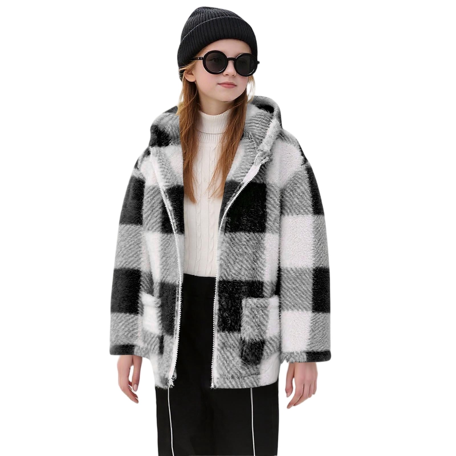Xdegoge Girls Fleece Sherpa Jacket Plaid Fuzzy Zip Up Long Sleeve Hoodie Teen Thermal Loose Cozy Hooded Coats Tween 2025 Winter Thick Warm Outerwear With Pockets Age 8-14 Years