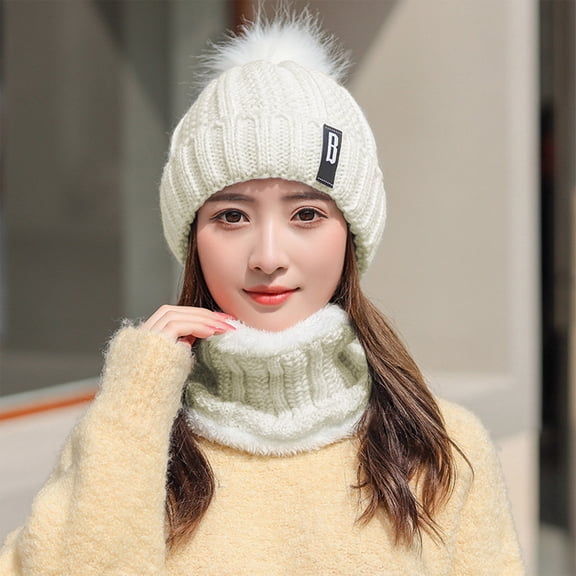 Moclever Winter Beanie Hat Scarf Set Women Warm Knitting Skull Cap Neck Warmer for Walking Running, Cream